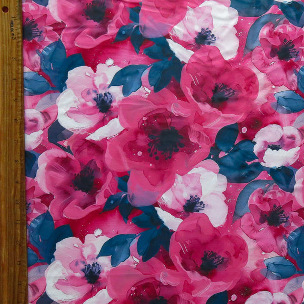 Brushstroke Peonies Pink/Navy Poly Spandex Swimsuit Fabric