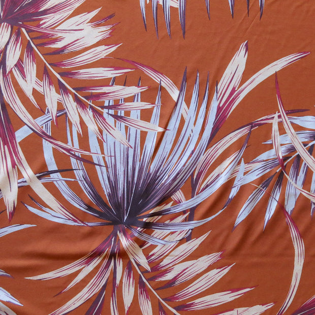 Large Scale Foliage on Terra Cotta Poly Spandex Swimsuit Fabric - 18" Remnant