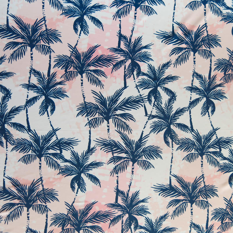 Navy Palm Trees on Pink Tie Dye Poly Spandex Swimsuit Fabric The