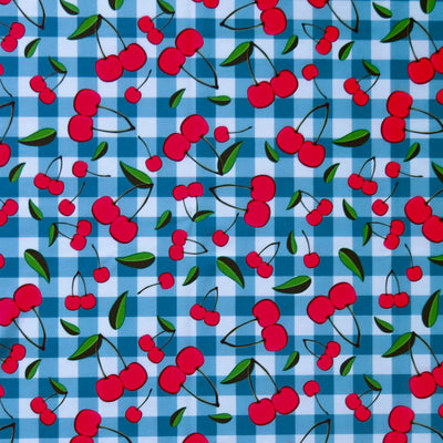 Cherries on Teal Gingham Poly Spandex Swimsuit Fabric