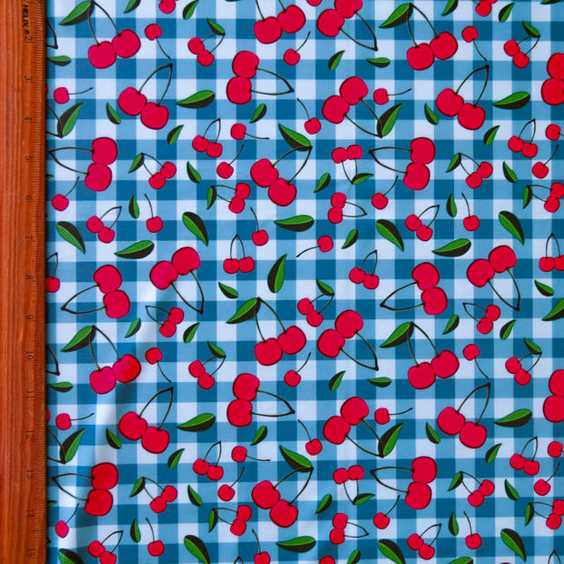 Cherries on Teal Gingham Poly Spandex Swimsuit Fabric